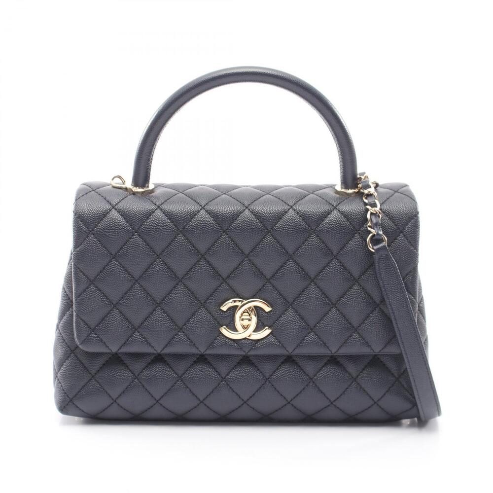 Chanel Coco Handle Top Flap Bag Matelasse Handbag Calfskin Cowhide Navy Blue